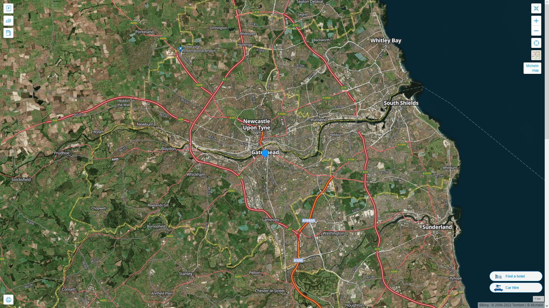 Gateshead Royaume Uni Autoroute et carte routiere avec vue satellite